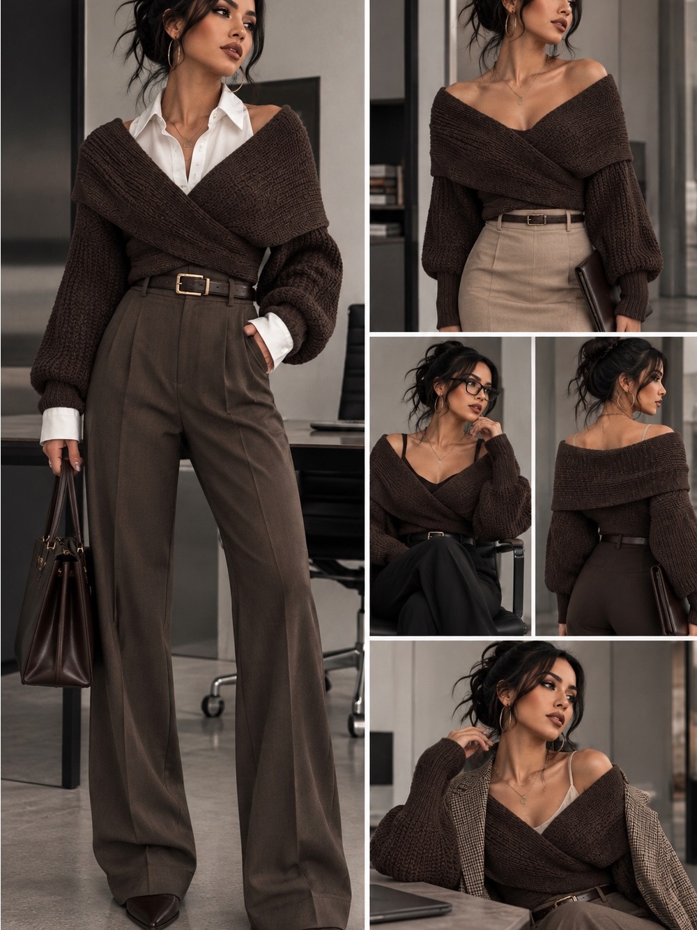 Off-the-Shoulder Chunky Knit Sweater in Dark Brown